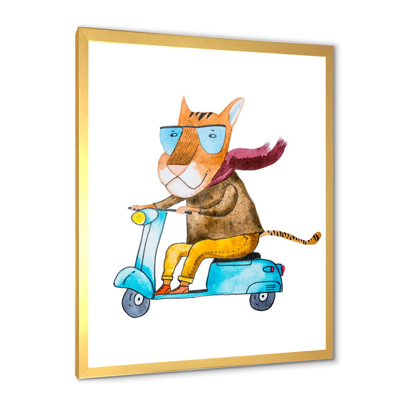 Dessin de tigre sur un scooter - Art mural pour enfants, art sur toile, H 32 po x l 16 po x P 1 po
