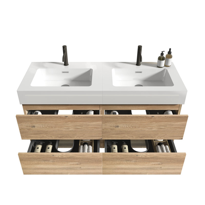 Meuble-lavabo flottant avec lavabo à quartz, style Mid-Century moderne en chêne doux pour les salles de bain murales