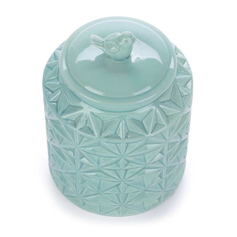 MyGift Turquoise Vintage Ceramic Kitchen Flour Canister / Cookie Jar w/ Abstract Star Design & Bird Topped Lid