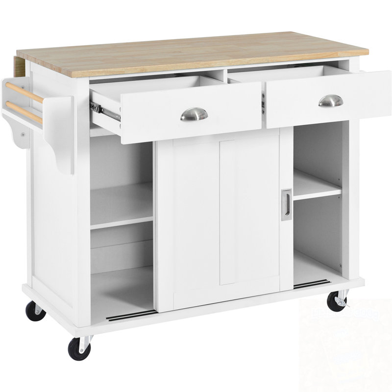Îlot de cuisine avec abattant, armoire de rangement et 2 tiroirs, Blanc