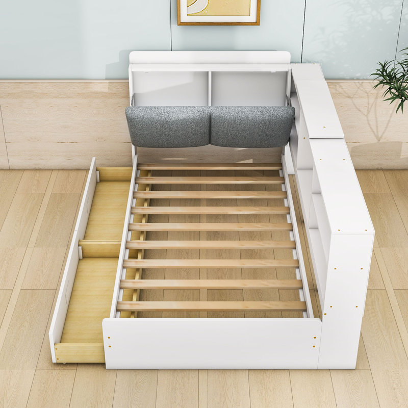 Lit plateforme en bois avec tiroirs, tablettes et tête de lit, Blanc