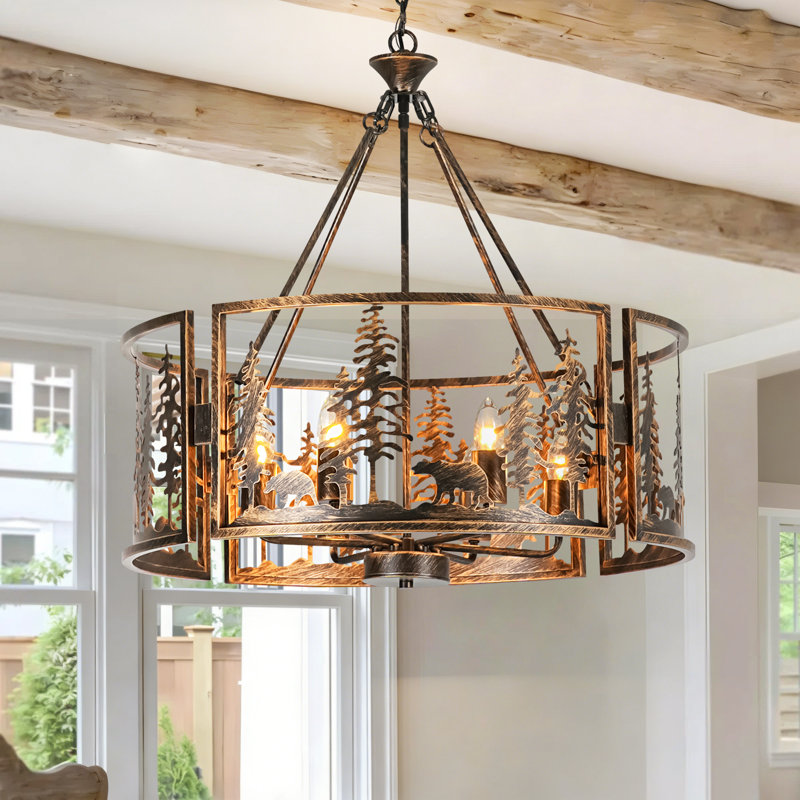26" 6-Light Modern Farmhouse Drum Chandelier with Sculpted Forest Scene