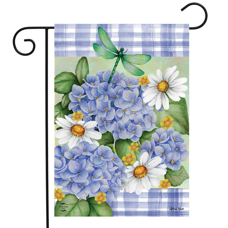 Drapeau de jardin libellule et hortensia