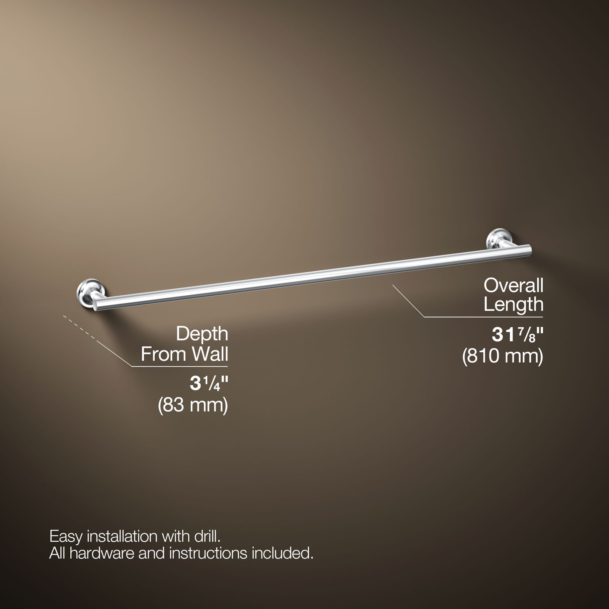 Purist 30" Wall Mounted Towel Bar, Polished Chrome, 1.88" H x 30" L x 3.25" D