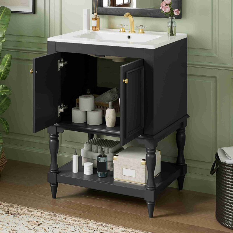 Meuble-lavabo de salle de bain avec rangement, Black, Doré