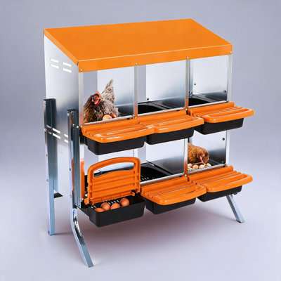 Boîtes de nidification pour poulets, 6 compartiments, poules pondeuses, avec pieds de support, plateau en plastique amovible, facile à nettoyer, nichoirs roulants pour poules pondeuses, orange