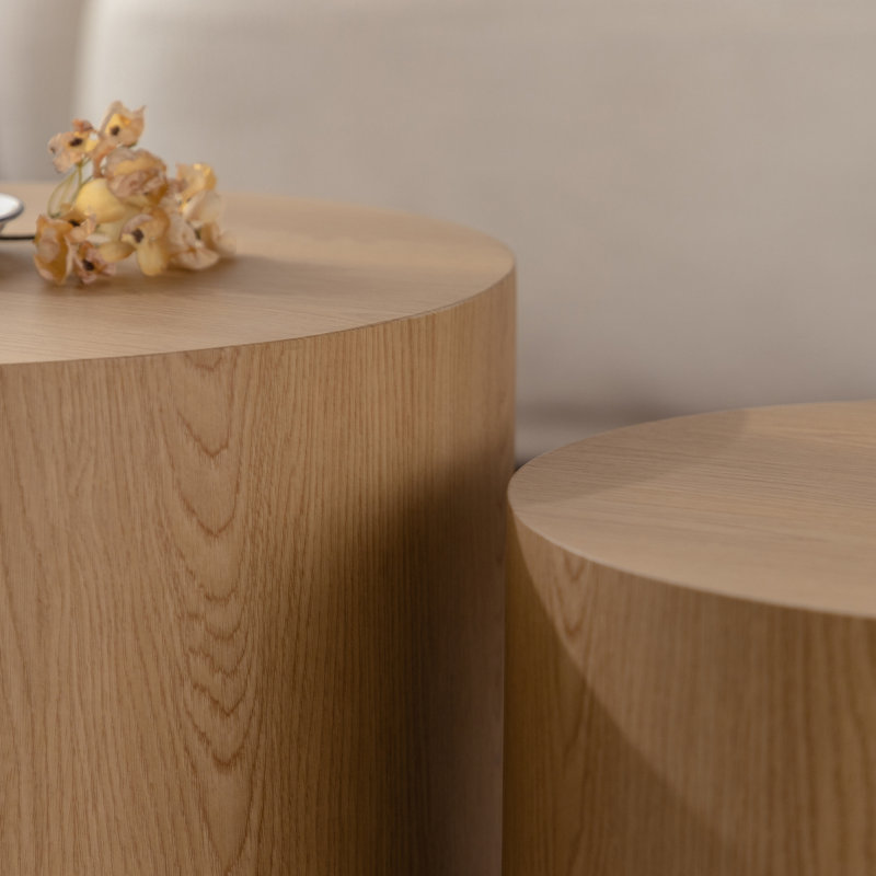 Ensemble de 2 tables basses gigognes rondes en bois pour table ronde, Naturel