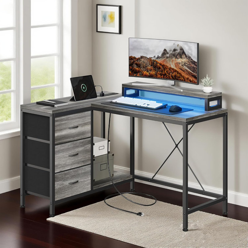 L Shaped Office Desk with Power Outlets, Computer Desk with Drawers, Shelves, for Gaming, Corner Work, Home Office, Study