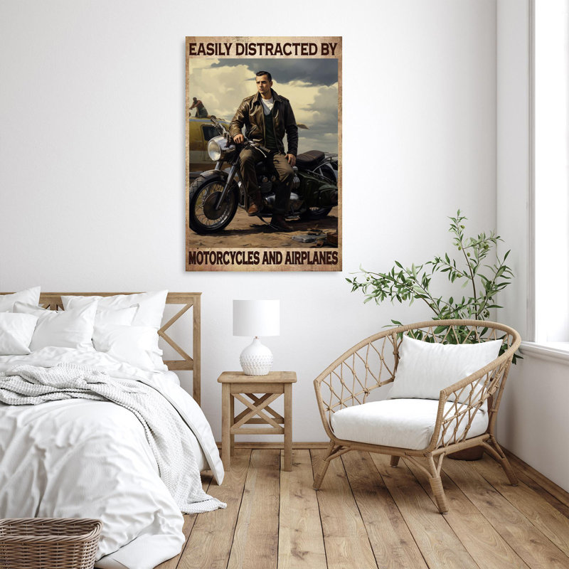 «Distracted by Motorcycles and Airplanes» - 1 pièce facilement distrait par les motocyclettes et les avions - 1 pièce, reproduction d'art graphique sur toile tendue
