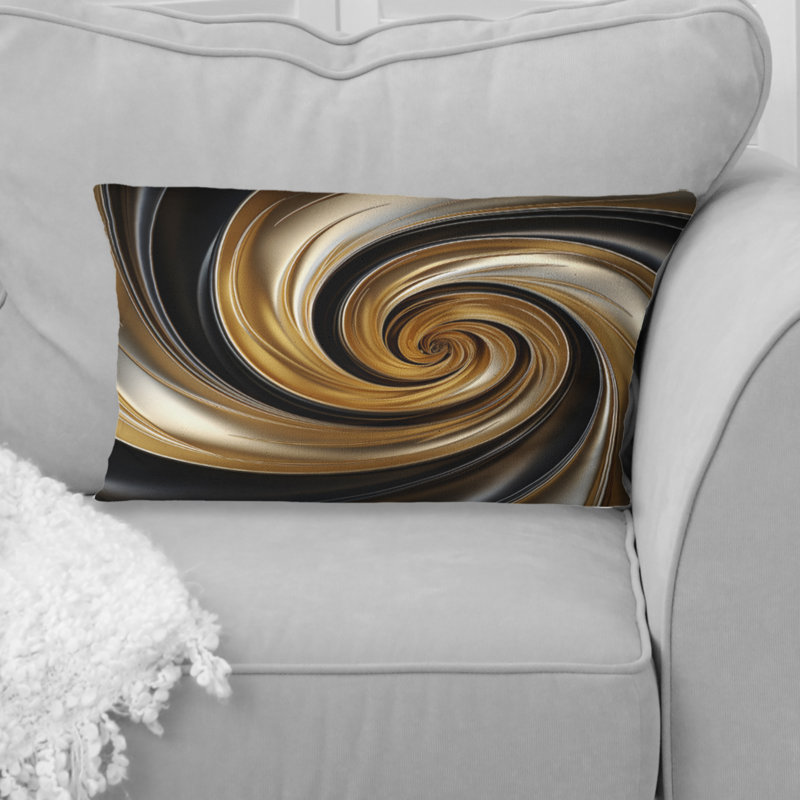 Coussin décoratif abstrait à spirale abstraite, or liquide et noir