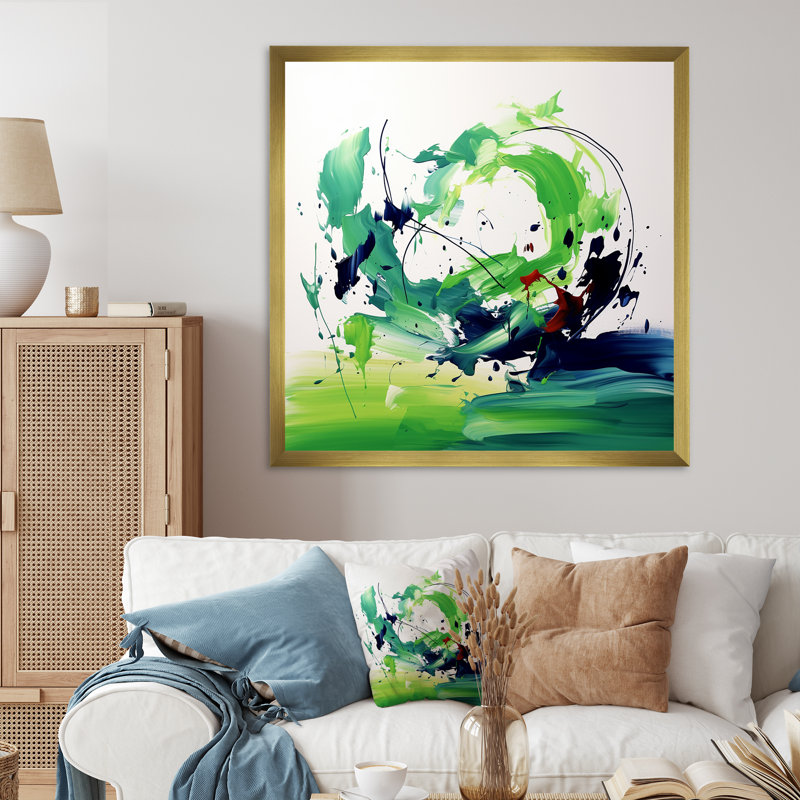 «Green and White Abstract Ink Expression II», art mural abstrait, Cadre doré simple, H 36 po x l 36 po x P 1,5 po