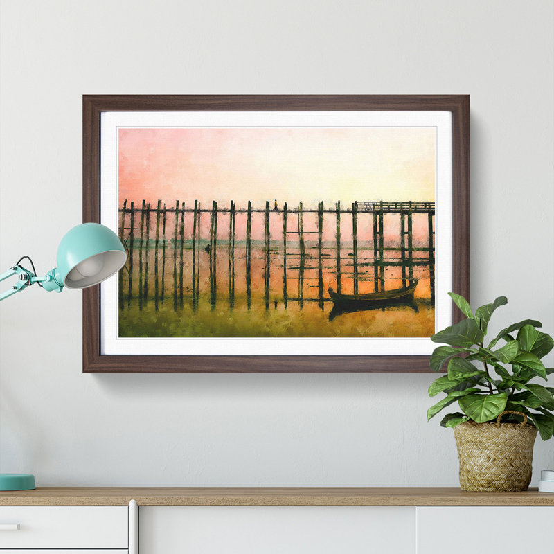 U Bein Bridge in Myanmar - Picture Frame Painting Print, 24cm H x 33cm W x 2cm D, Walnut Framed
