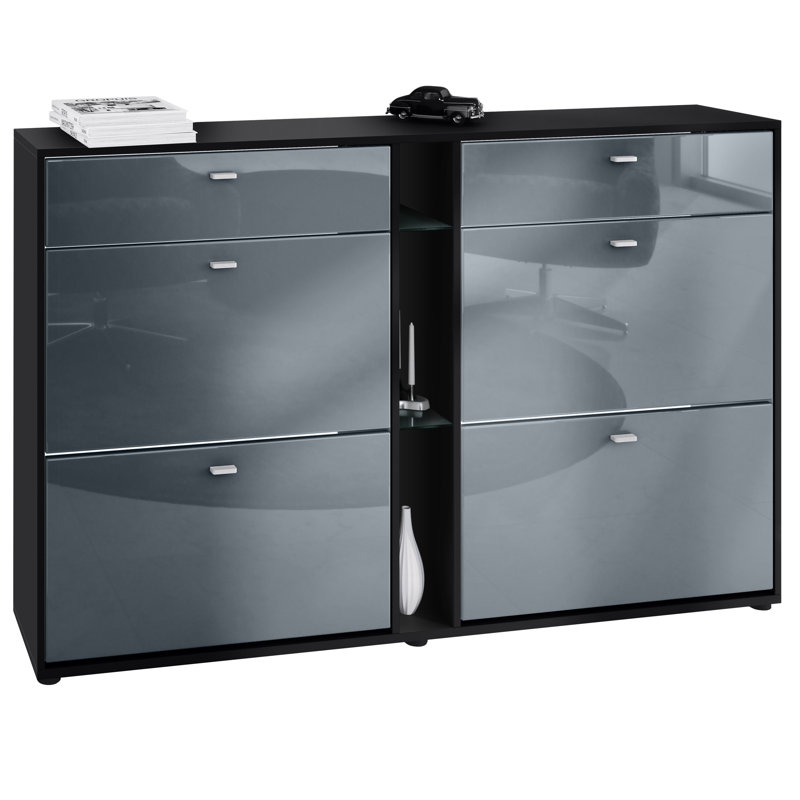 Agisilaos 32 Pair Flip Down Shoe Storage, Black Matt/Grey High Gloss