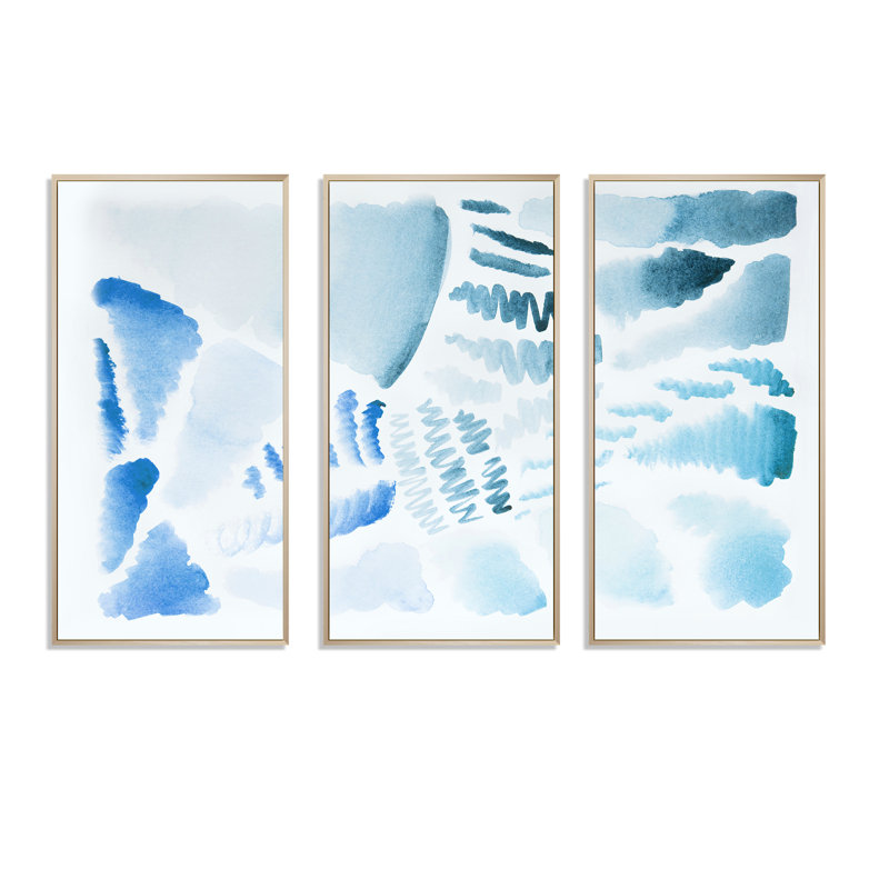 «Retro Elements In Blue And Green II», peinture sur toile flottante 3 pièces, L 36 po x H 28 po, Encadrement brun