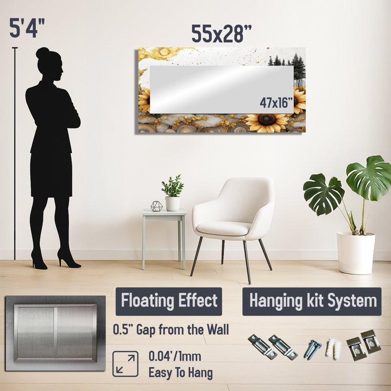 Sunflower Field In A Crystal Winter Scene I - Sunflowers Wall Mirror Art - Printed On Metal, 28" x 55"