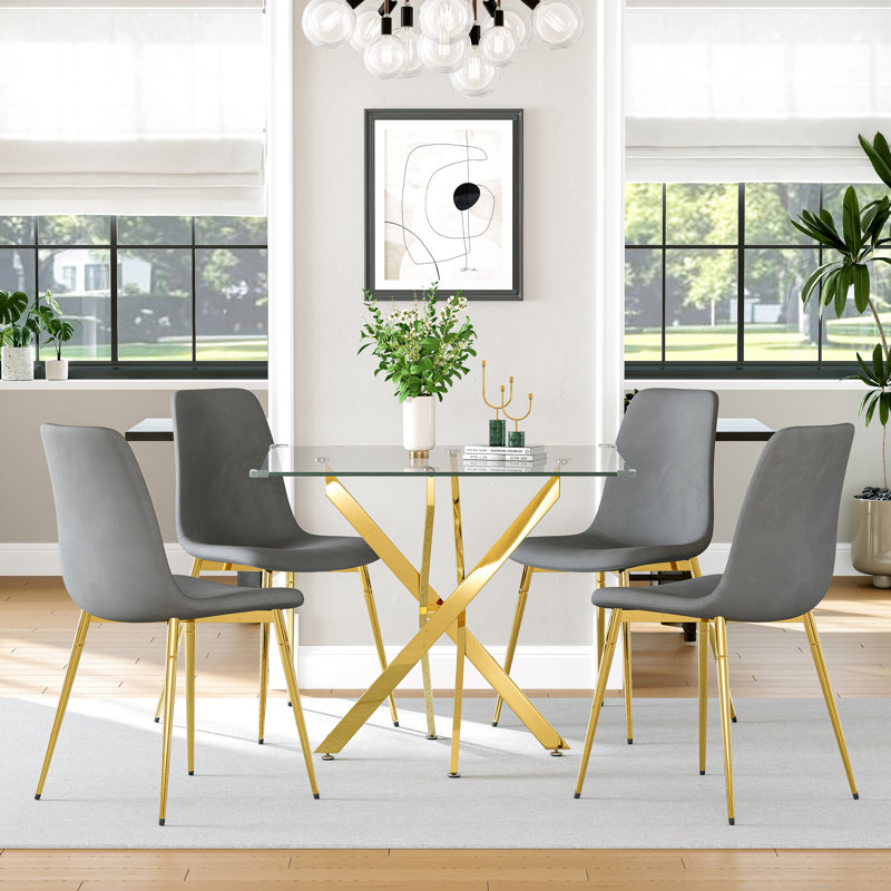 36" Square Glass Dining Table Set, Modern Stainless Steel Cross-Leg Base With 4 Velvet Upholstered Chairs, Gold/Gray/Gold