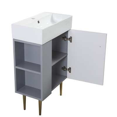 Base de meuble-lavabo de 21,6 po, tablette ouverte à gauche, palette de couleurs grises, bois massif et matériau, lavabo en céramique, armoire à fermeture en douceur, extérieur imperméable, base dorée pour le style avec rangement à gauche, bruit
