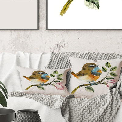 Carré, oiseau bleu sur une branche - Coussin décoratif à imprimé traditionnel