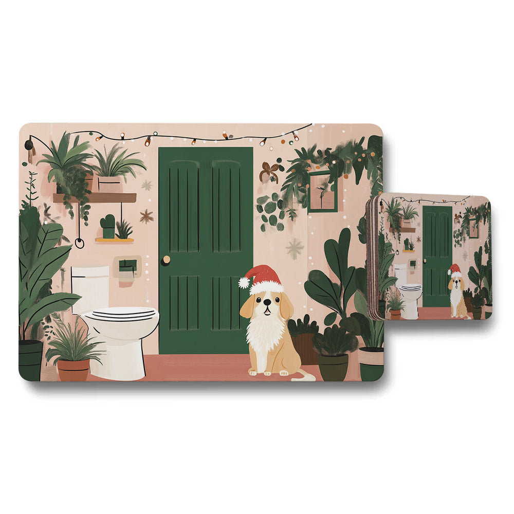 Christmas Dog Placemat And Coaster Set With Santa Hat Decor