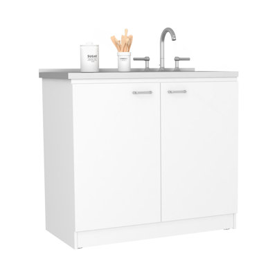 Évier autoportant, armoire à deux portes, deux tablettes, blanc / gris clair