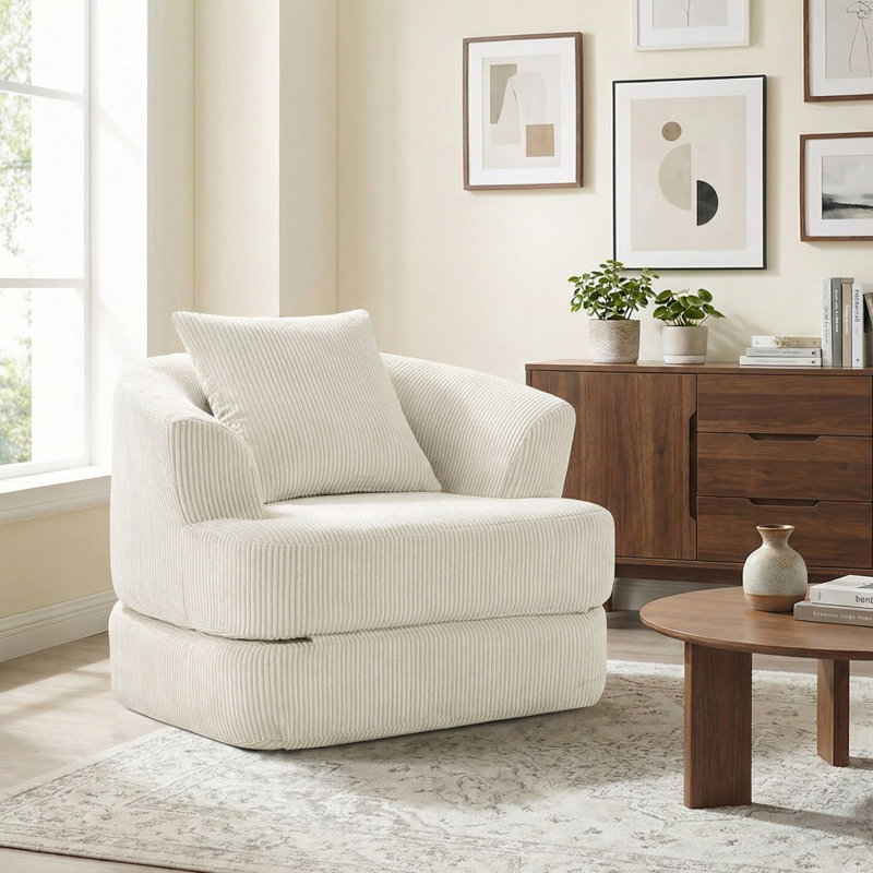 Fauteuil demi-tonneau d'appoint convertible surdimensionné rembourré, Velours côtelé beige