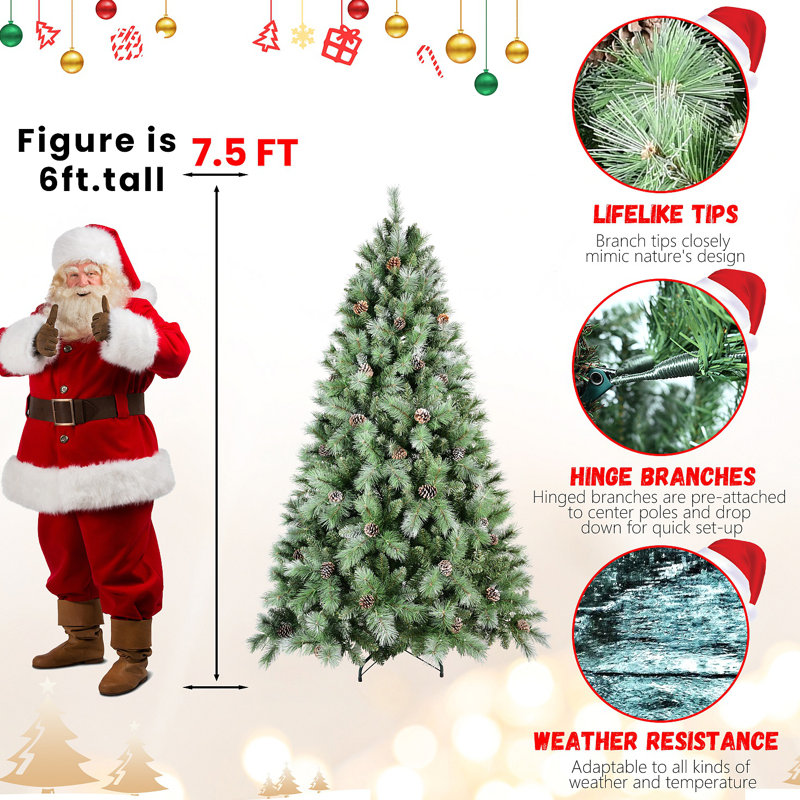 Arbre de Noël 7 pi avec 82 pommes de pin - 1348 pointes, branches mixtes en PVC et en aiguilles dures, structure à charnières pour une installation facile, support en métal robuste - arbre de Noël réaliste