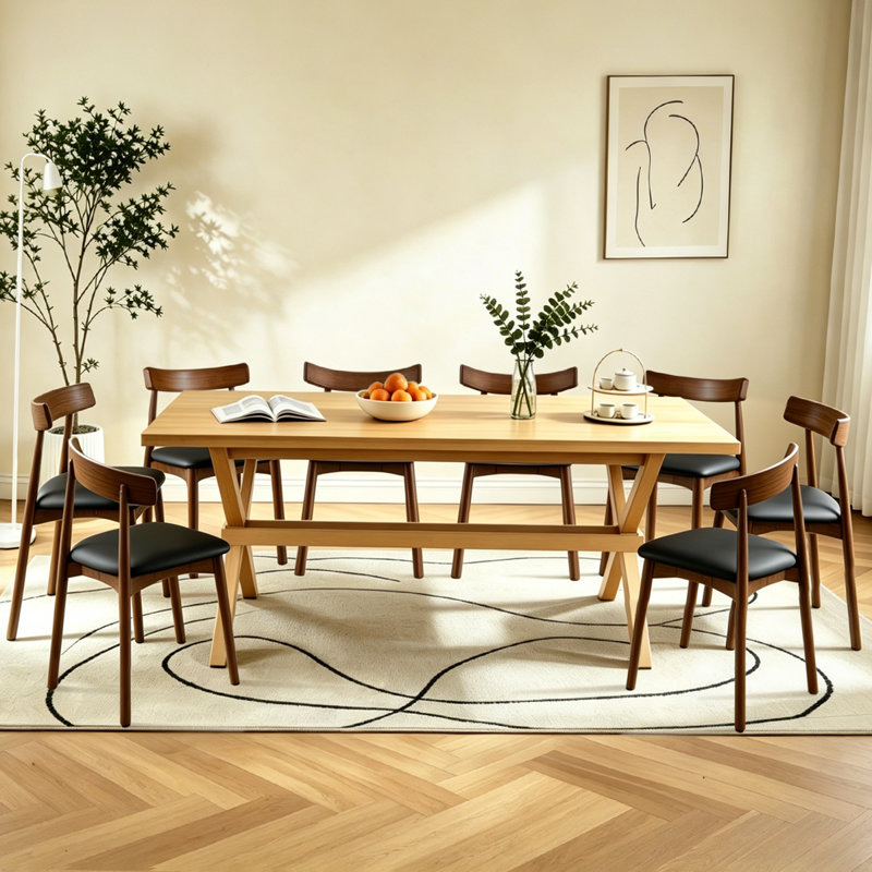 Ensemble de table de salle à manger de style campagnard moderne de 71 po pour 6 à 8 personnes Dittmer, Bois, Black