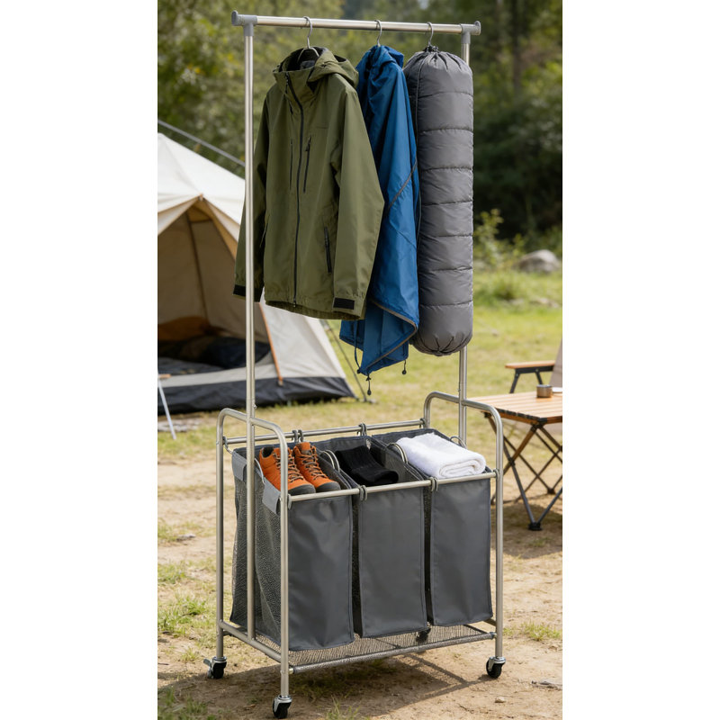 Heavy Duty 3-Basket Rolling Laundry Sorter Cart With Garment Hanging Bar And Drying Rack - Portable Metal Laundry Organizer System