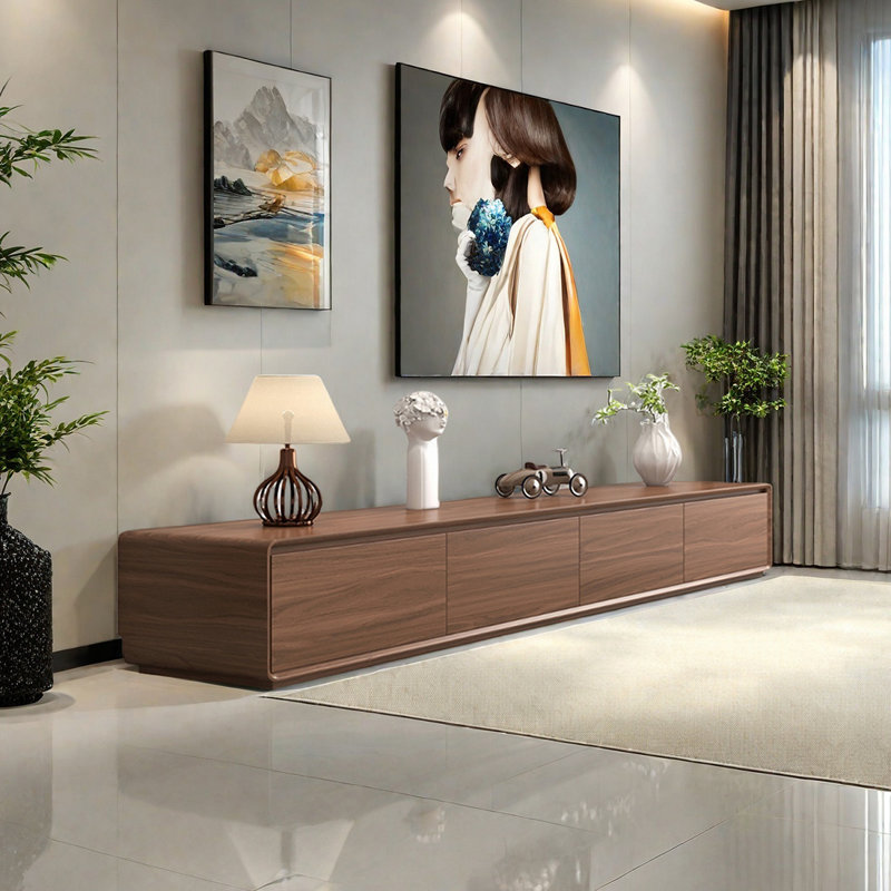 Meuble télé multi-tiroirs avec base pleine, Tanné, H 9,84 po x L 86,61 po x l 15,74 po