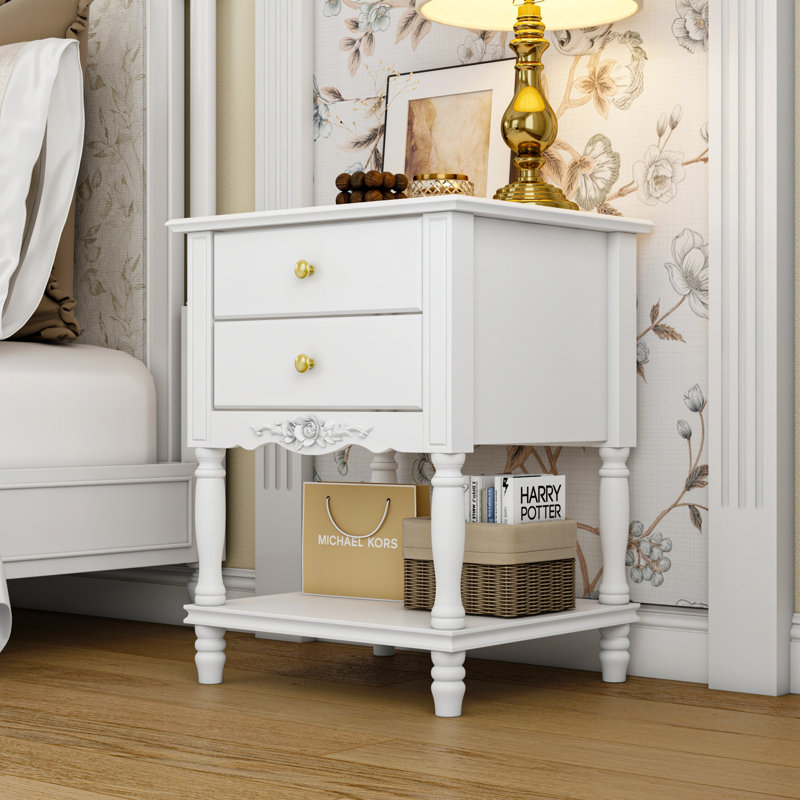 Elegent Nightstand With 2-Drawer & 1-Shelf, White