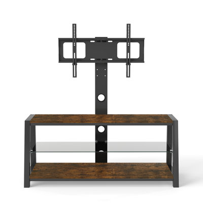 Meuble télé pivotant universel réglable en hauteur - Bois d'acacia et verre trempé noir - Centre multimédia marron rustique