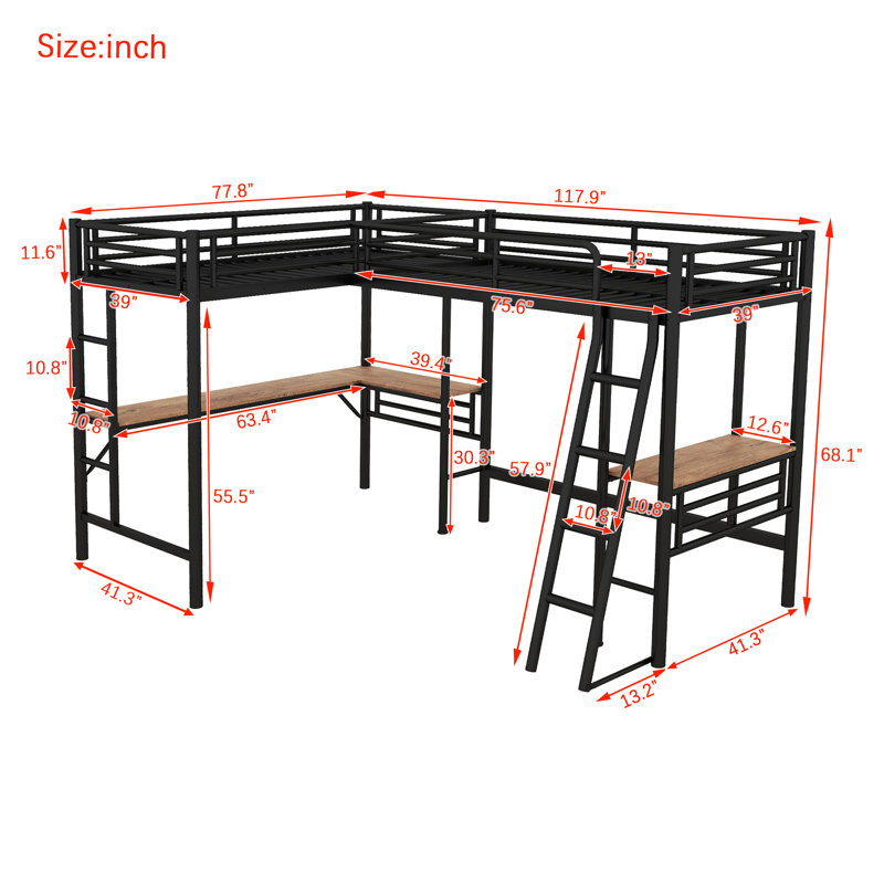  Lit mezzanine simple en métal avec double bureau et espace de travail intégré pour les petites pièces, noir