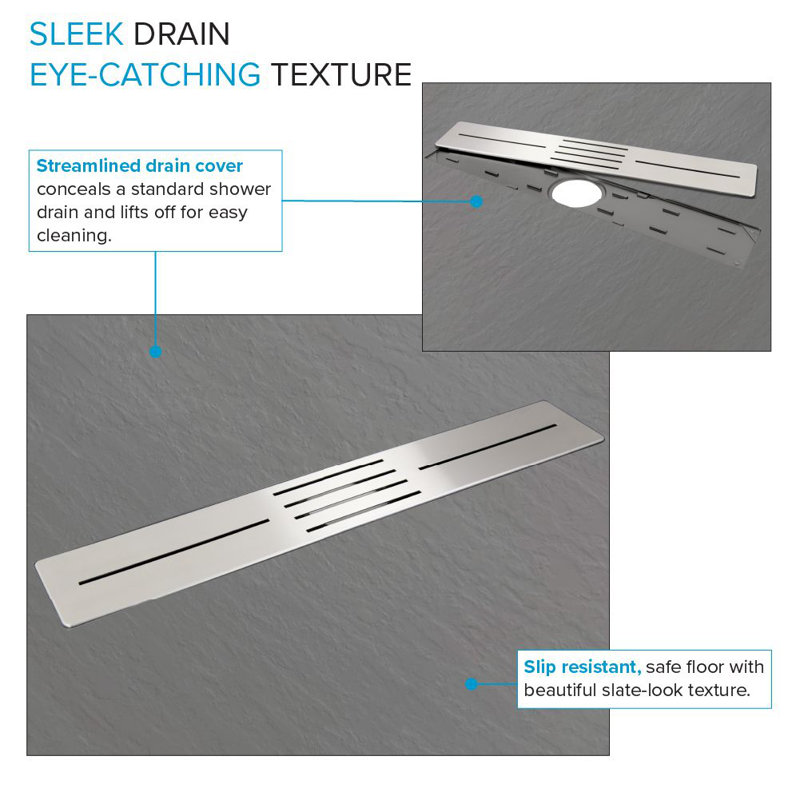 Base de douche Transolor Trimslate 48 po x 36 po avec double seuil réglable et bonde centrale, Gris foncé