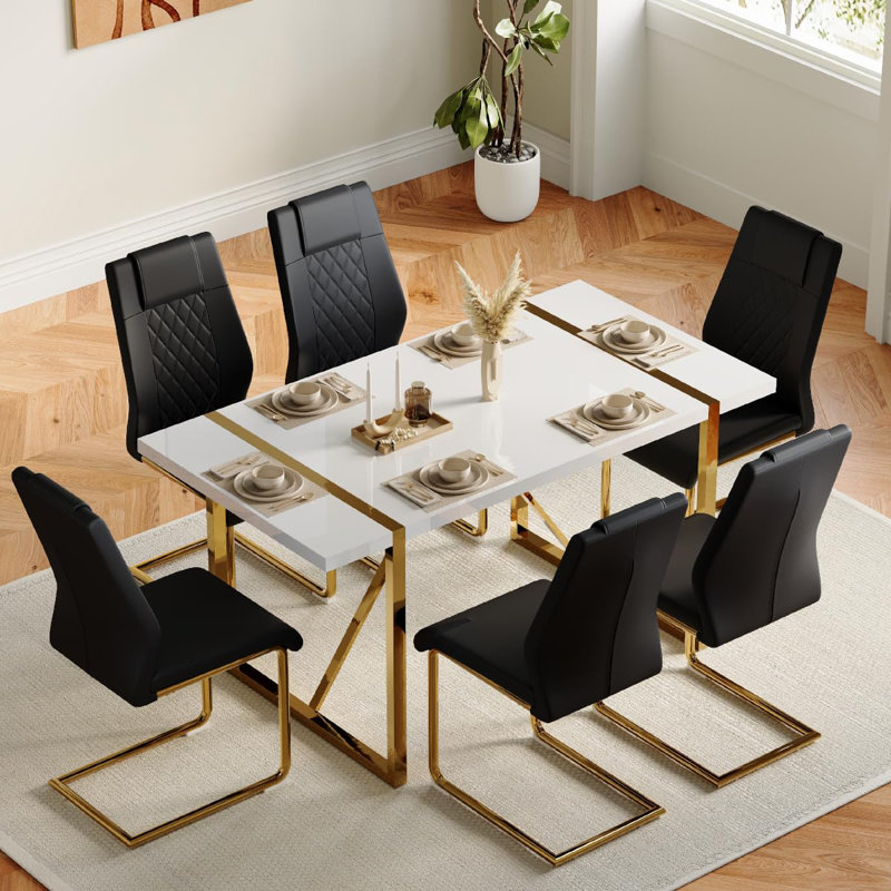 Minday Double Pedestal Dining Set, Gold, Black/Gold, 7