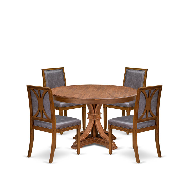 L'ensemble de table de salle à manger 5 pièces moderne se compose d'une table et de 4 chaises de salle à manger en tissu de polyester gris foncé à haut dossier - finition noyer antique