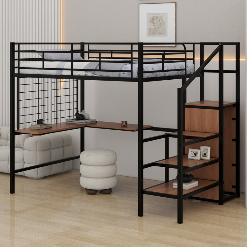 Lit mezzanine en métal avec bureau et grille en métal, avec garde-robe, Noir
