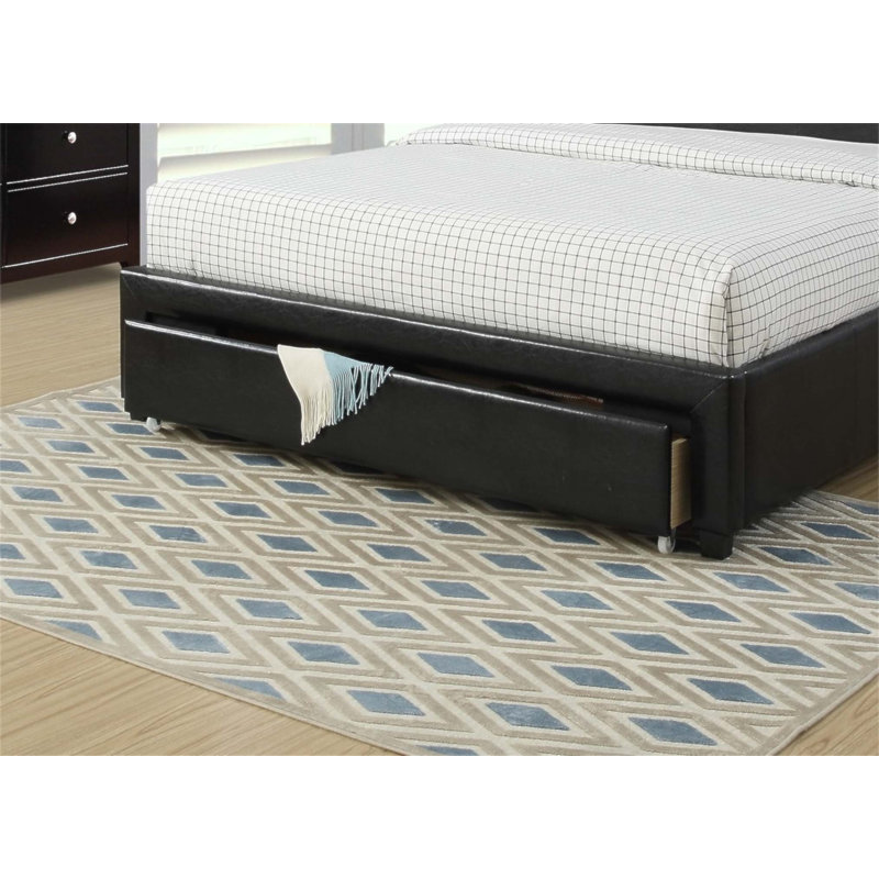 Lit tapissier moderne en similicuir avec tête de lit capitonnée et rangement sous le lit, parfait pour les chambres élégantes et fonctionnelles.
