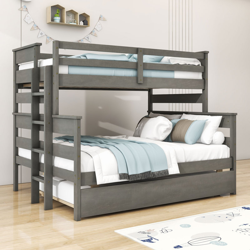 Twin Over Full Wooden Bunk Bed With Twin Size Trundle, Gray