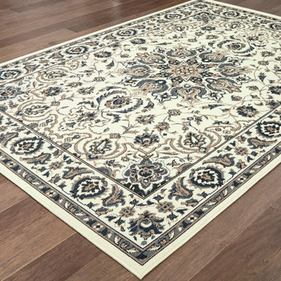 4' X 6' Ivory And Blue Oriental Stain Resistant Indoor Outdoor Area Rug