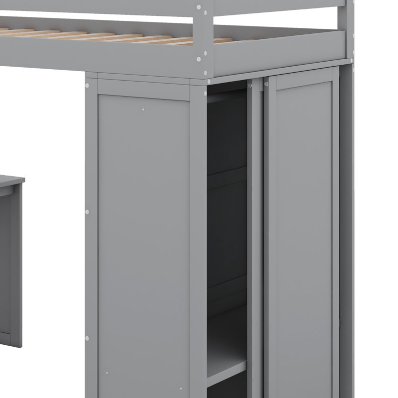 Twin Size Loft Bed With Wardrobes And Desk, Twin, Gray
