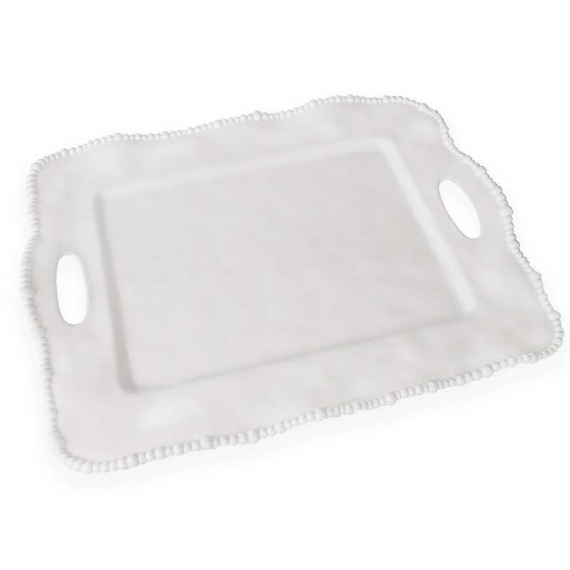 White Melamine Rectangular Tray with Handles and Pearl Rim