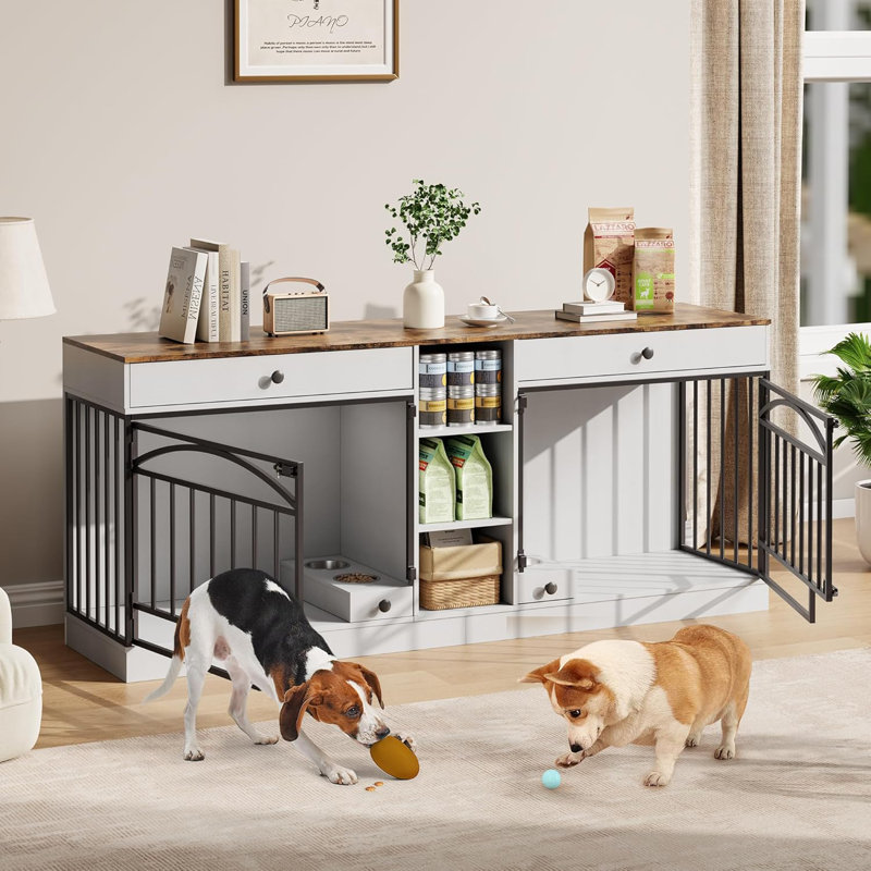 Meuble double pour cage de chien, chenil d'intérieur avec rangement et bols, meuble télé pour petits chiens de taille moyenne