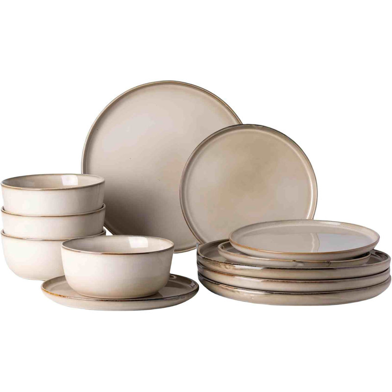 Service de vaisselle en céramique cappuccino réactive - 4 assiettes / bols en grès pour 4 personnes / 12 pièces, résistant aux égratignures, va au lave-vaisselle et au micro-ondes