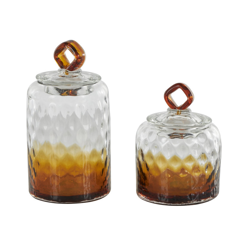 Nelligan Glass Faceted Ombre Geometric Decorative Jars with Diamond Knobs Set, Orange