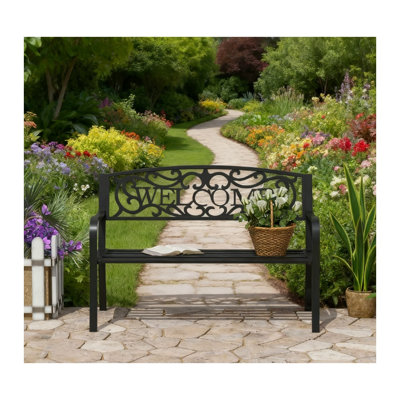 Banc de jardin extérieur en acier avec dossier de bienvenue en fonte - Causeuse de patio résistante aux intempéries, noir