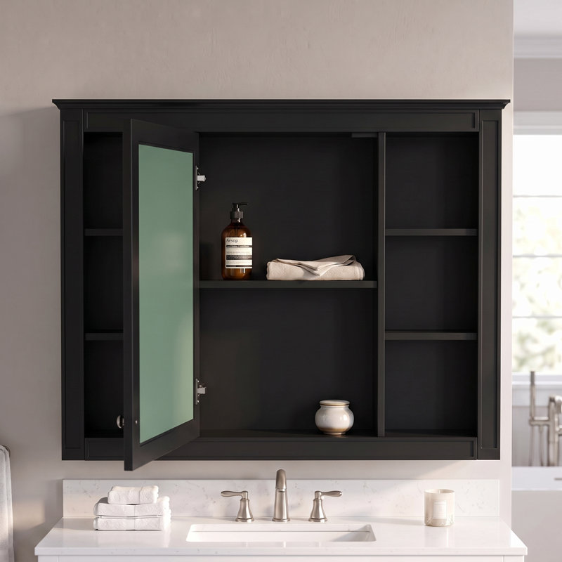 Armoire à pharmacie rectangulaire en panneau de fibres à densité moyenne 35 po avec miroir et 6 tablettes ouvertes, Noir