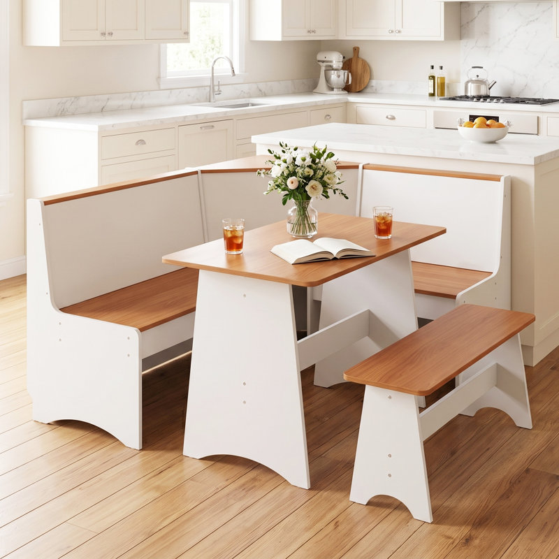 Ensemble de table de coin-repas avec banc de coin, blanc et jaune, Blanc / jaune