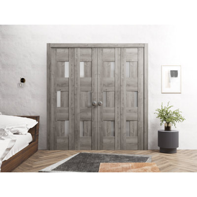 Portes coulissantes doubles pliantes pour placard 72 po x 96 po (4 x 18 x 96 po) Sete 6933 Gris Nebraska avec verre dépoli, rails robustes, moulures, garnitures, quincaillerie, portes de placard en bois massif pour chambre à coucher