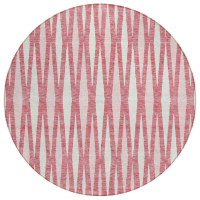 8' Blush And Ivory Round Geometric Washable Indoor Outdoor Area Rug