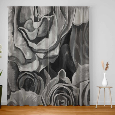 Grayscale Roses Blackout Window Curtain Pair for Home Decor